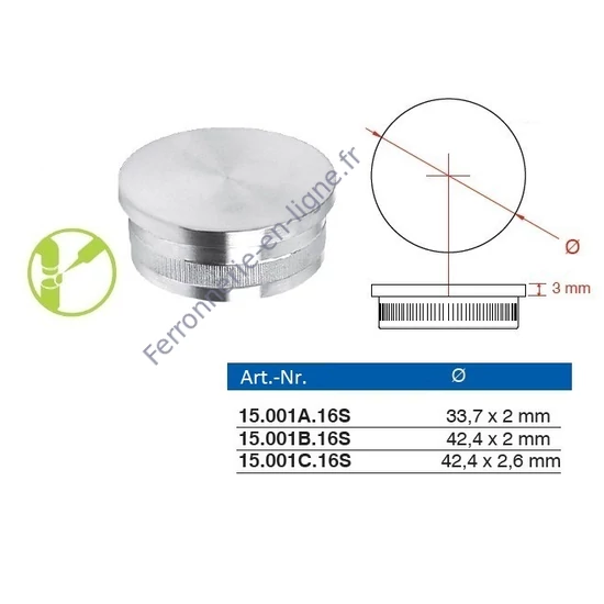 Embout plat pour tube rond, inox (AISI 316), différentes dimensions