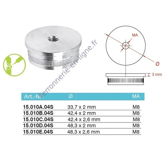 Embout plat pour tube rond avec filetage M8, inox (AISI 304), différentes dimensions
