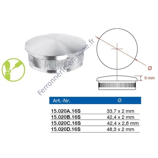 Embout bombé pour tube rond, inox (AISI 316), différentes dimensions