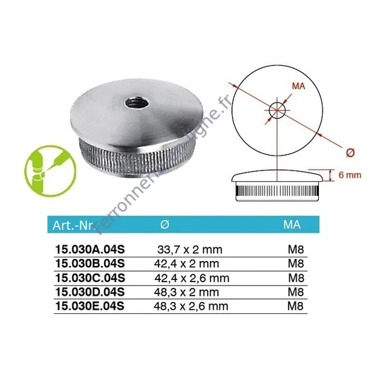 Embout bombé pour tube rond avec filetage M8, inox (AISI 304), différentes dimensions