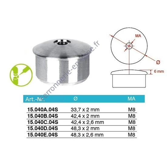 Embout bombé pour tube rond avec filetage M8, inox (AISI 304), différentes dimensions