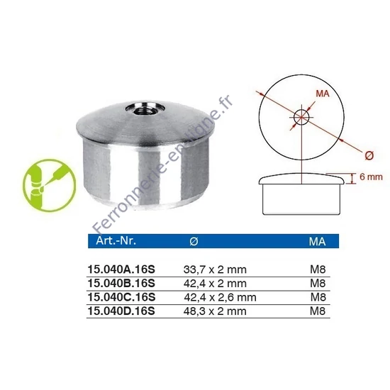 Embout bombé pour tube rond avec filetage M8, inox (AISI 316), différentes dimensions