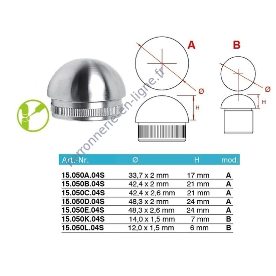 Embout demi-sphérique pour tube rond, inox (AISI 304), différentes dimensions