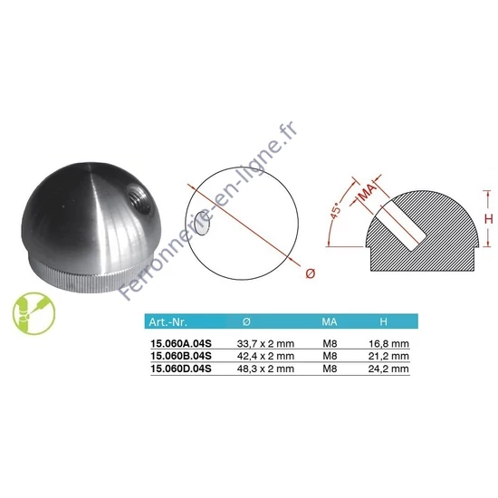Embout demi-sphérique pour tube rond avec filetage M8, inox (AISI 304), différentes dimensions