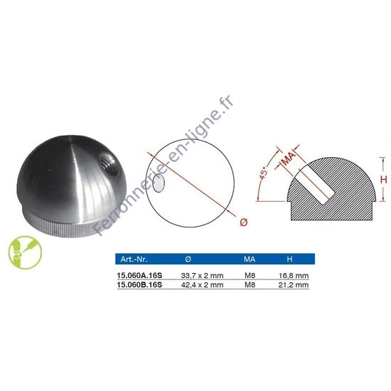 Embout demi-sphérique pour tube rond avec filetage M8, inox (AISI 316), différentes dimensions