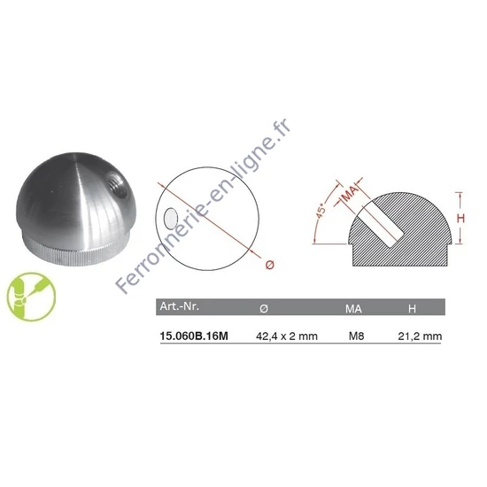 Embout demi-sphérique pour tube rond avec filetage M8, inox (AISI 316), poli miroir