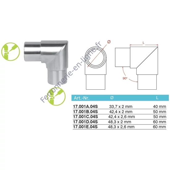 Raccord à 90°, inox (AISI 304), différentes dimensions