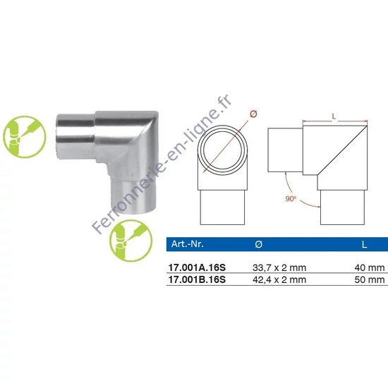 Raccord à 90°, inox (AISI 316), différentes dimensions