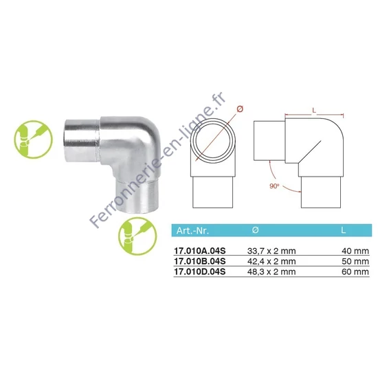 Raccord à 90°, inox (AISI 304), différentes dimensions