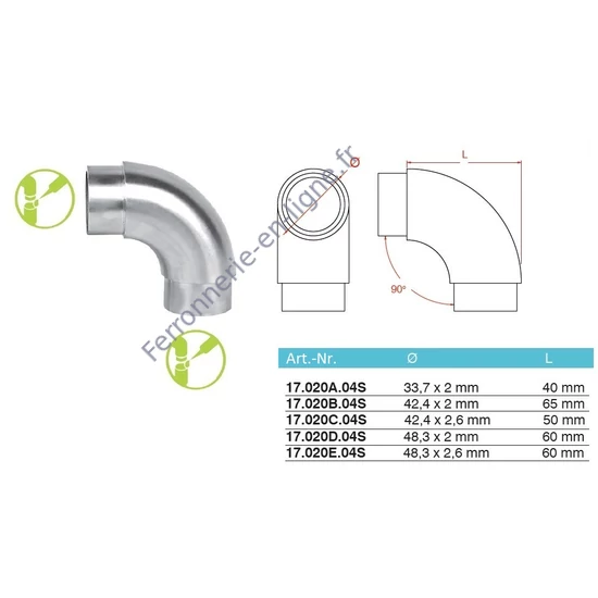 Coude 90°, inox (AISI 304), différentes dimensions