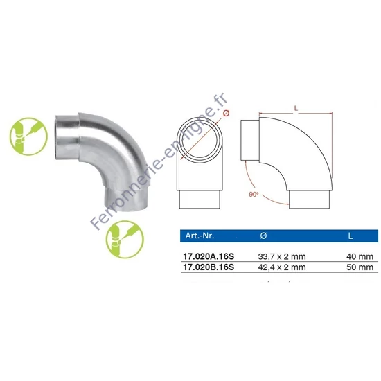 Coude 90°, inox (AISI 316), différentes dimensions