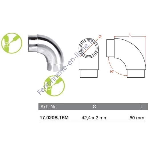 Coude 90°, inox (AISI 316), poli miroir