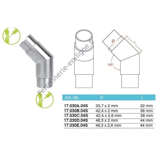 Raccord à 135°, inox (AISI 304), différentes dimensions