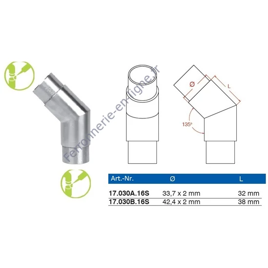 Raccord à 135°, inox (AISI 316), différentes dimensions