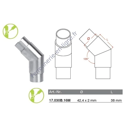 Raccord à 135°, inox (AISI 316), poli miroir