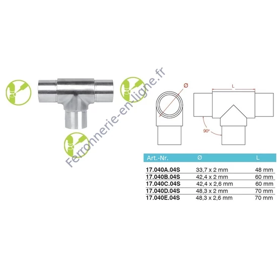 Raccord en T, inox (AISI 304), différentes dimensions