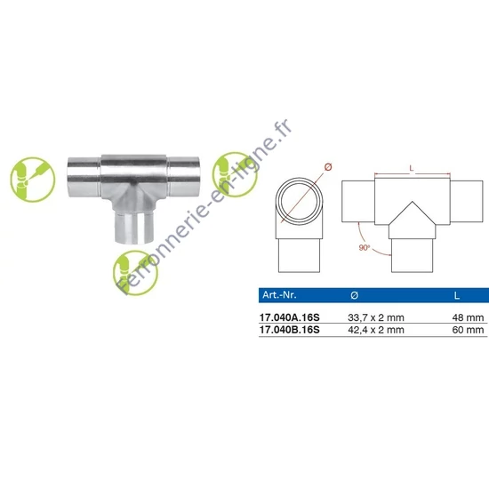 Raccord en T, inox (AISI 316), différentes dimensions