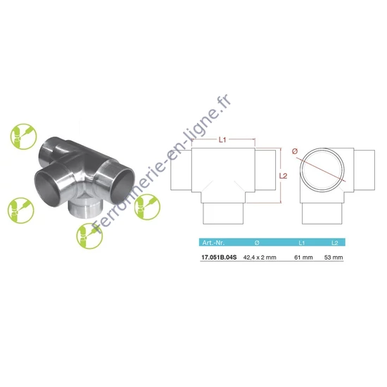 Raccord en T à 4 départs, inox (AISI 304)