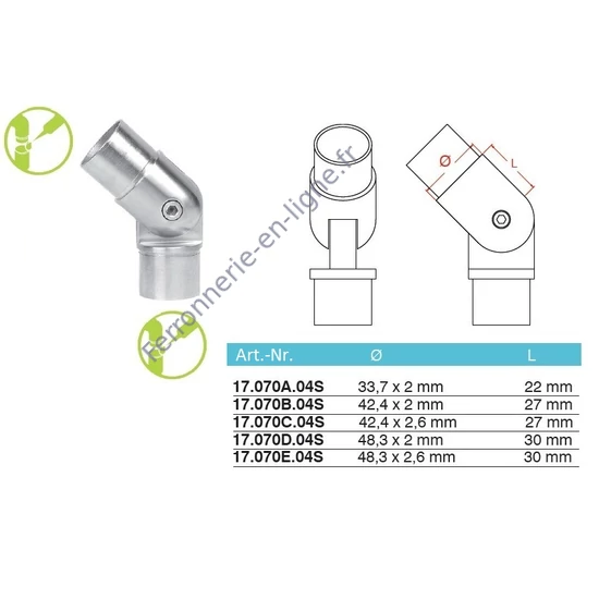Raccord orientable, inox (AISI 304), différentes dimensions