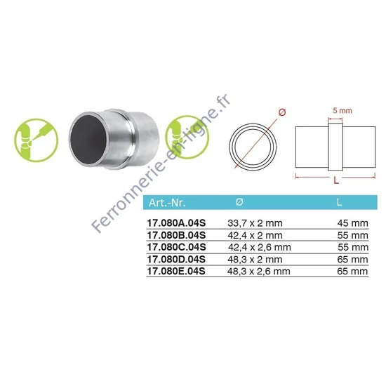 Raccord, inox (AISI 304), différentes dimensions