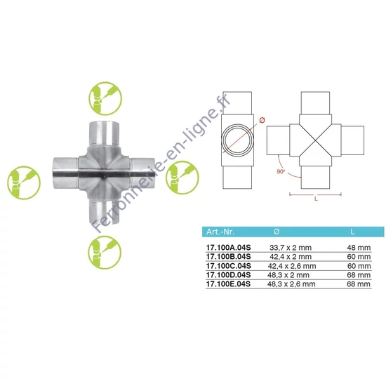 Raccord en Croix 90°, inox (AISI 304), différentes dimensions