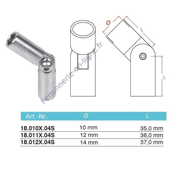 Raccord de barres orientable, inox (AISI 304), différentes dimensions