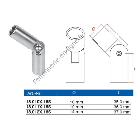 Raccord de barres orientable, inox (AISI 316), différentes dimensions