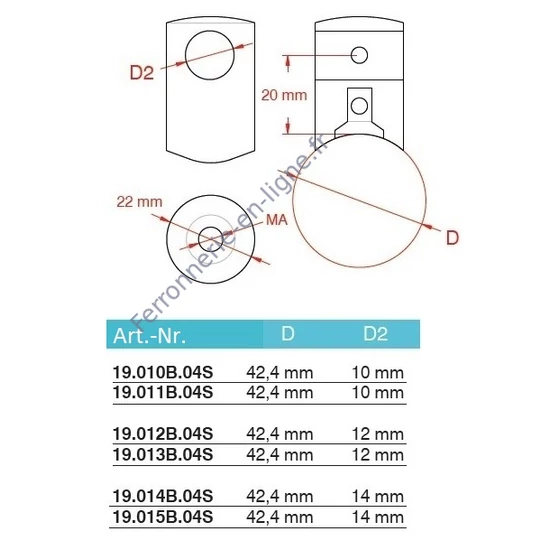 Support de barre avec trou borgne, à fixer sur tube rond, inox (AISI 304), différentes dimensions