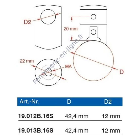 Support de barre avec trou borgne, à fixer sur tube rond, inox (AISI 316), différentes dimensions