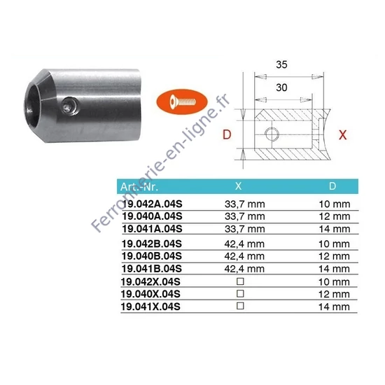 Support de barre à fixer sur tube rond ou carré, inox (AISI 304), différentes dimensions