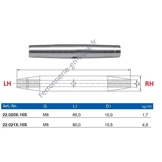 Tendeur de câble, avec filetage intérieur droit et gauche, inox (AISI 316), différentes dimensions