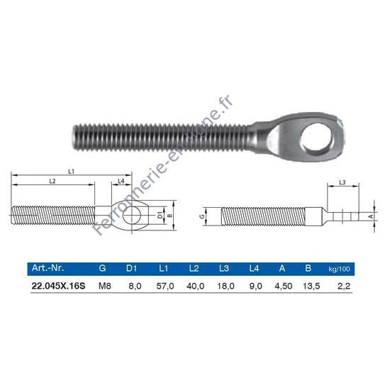Goupille filetée avec œillet pour borne à fourche, inox (AISI 316)