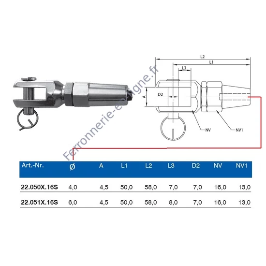 Embout de fourche pour câble inox (AISI 316), différentes dimensions