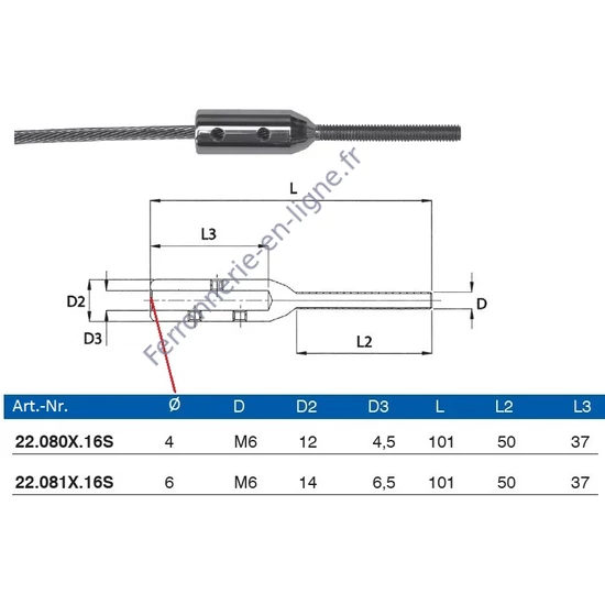 Embout fileté pour câble inox (AISI 316), différentes dimensions