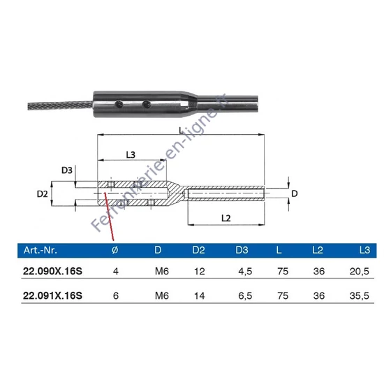 Embout pour câble inox avec filetage intérieur, inox (AISI 316), différentes dimensions