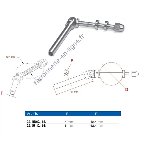 Embout fileté orientable pour câble inox, connexion à tube rond 42,4 mm, inox (AISI 316), différentes dimensions