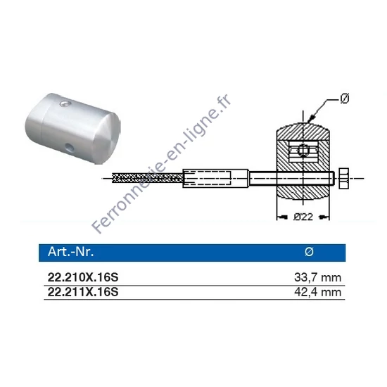 Support de câble avec filetage interne à gauche, pour tube rond, inox (AISI 316), différentes dimensions