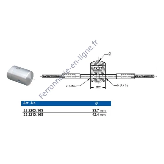 Support de câble avec filetage intérieur des deux côtés (gauche et droite), différentes dimensions, pour tube rond, inox (AISI 316), différentes dimensions