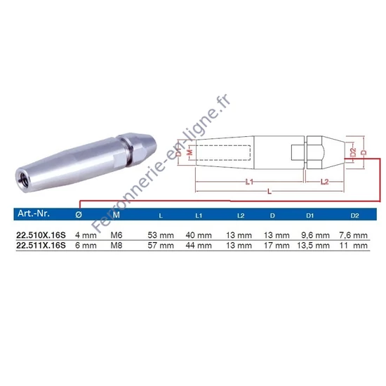 Tendeur de câble, avec filetage intérieur à droite, inox (AISI 316), différentes dimensions