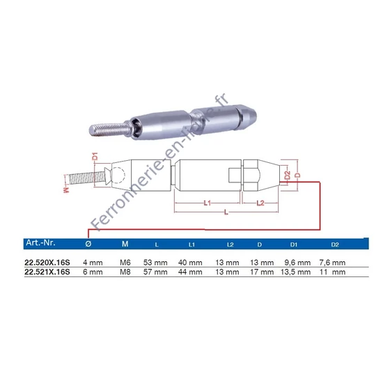 Embout fileté orientable pour câble inox (AISI 316), différentes dimensions