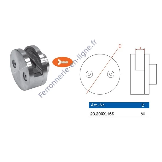 Pince à verre rond à fixer sur plat, inox (AISI 316)