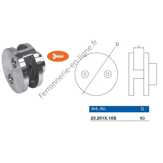 Pince à verre rond à fixer sur plat, inox (AISI 316)