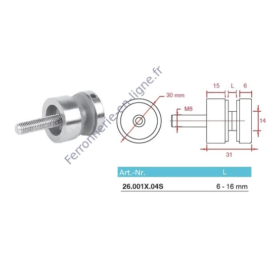 Point de fixation pour verre à fixer sur plat, inox (AISI 304)