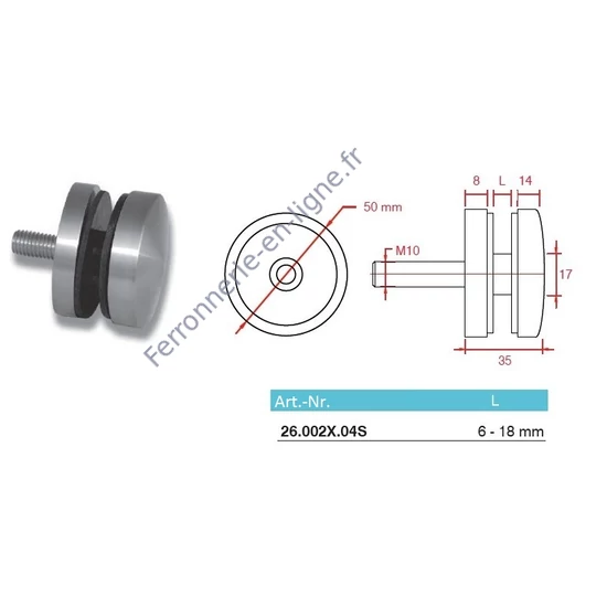 Point de fixation pour verre à fixer sur plat, inox (AISI 304)