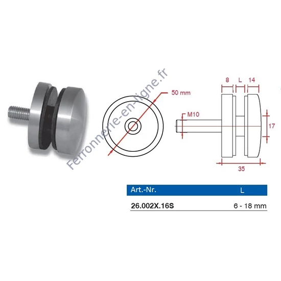 Point de fixation pour verre à fixer sur plat, inox (AISI 316)