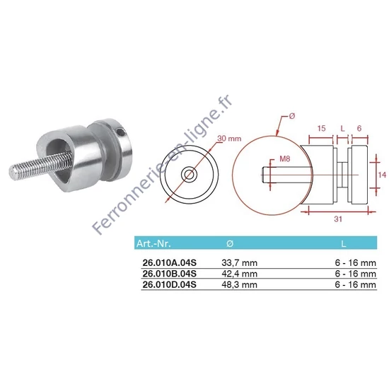 Point de fixation pour verre à fixer sur tube rond, inox (AISI 304), différentes dimensions