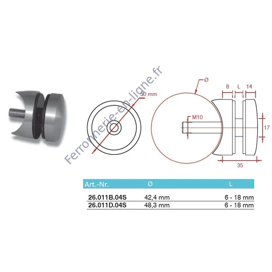 Point de fixation pour verre à fixer sur tube rond, inox (AISI 304), différentes dimensions