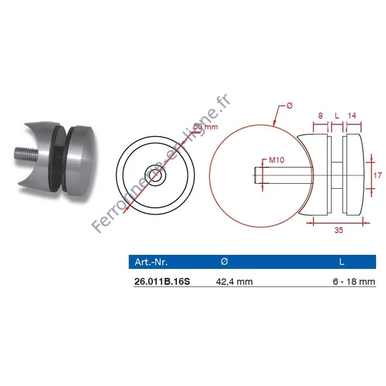 Point de fixation pour verre à fixer sur tube rond, inox (AISI 316)