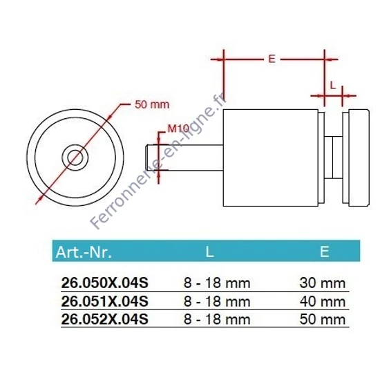 Point de fixation pour verre à fixer sur plat, long, inox (AISI 304), différentes dimensions