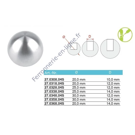 Boule pleine avec trou borgne (embout pour barre, AISI 304), différentes dimensions